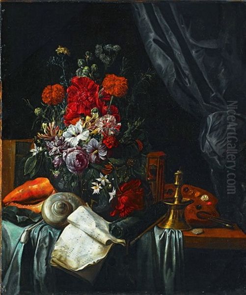 Stillleben Mit Blumenbouquet, Muscheln, Pfeife, Sanduhr, Malerpalette Und Kerze Oil Painting by Maria van Oosterwyck