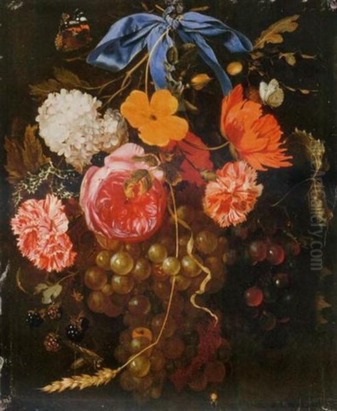 A Poppy, A Snowball, Pink And Yellow Roses, Carnations, Grapes, Blackberries, An Ear Of Wheat And Sprigs Of Oak And Holly Suspended By A Ribbon From A Nail, With A Red Admiral, A Cabbage White Oil Painting by Maria van Oosterwyck