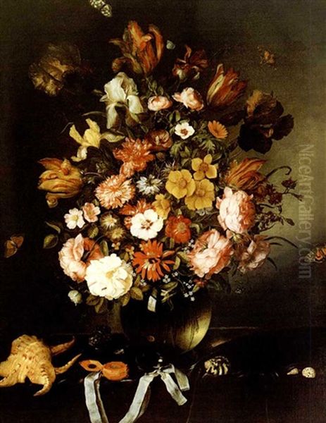 Floral Still Life In A Glass Vase With Reflection Of A Doomed Church, With Butterflies, Seashells And Pocket Watch Oil Painting by Maria van Oosterwyck