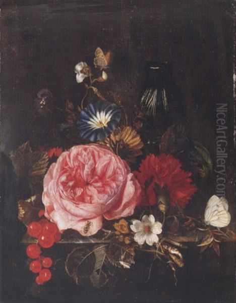 A Still Life Of Roses, A Carnation, Morning Glory, Butterflies, Red Currants And A Glass Vase, All Arranged Upon A Marble Ledge Oil Painting by Maria van Oosterwyck