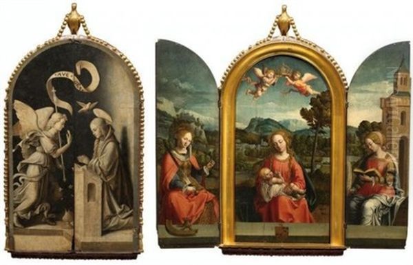 Vierge A L'enfant Couronnee Par Deux Anges (triptych) Oil Painting by Jacob Cornelisz Van Oostsanen