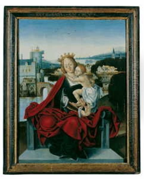 Madonna Mit Kind, Thronend. Im Hintergrund Eine An Einem Fluss Gelegene Stadt Oil Painting by Jacob Cornelisz Van Oostsanen