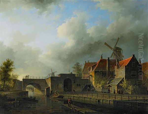 Hollandische Kanallandschaft Mit Windmuhle Oil Painting by Hermann Henry Op der Heijde