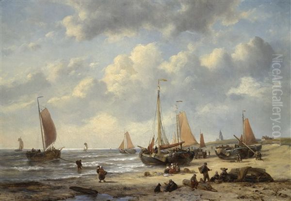 Fishing Boats On Scheveningen Beach Oil Painting by George Willem Opdenhoff