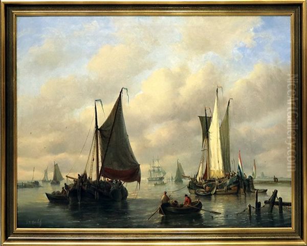 Segelschiffe Und Fischerboote Vor Meereskuste Oil Painting by George Willem Opdenhoff