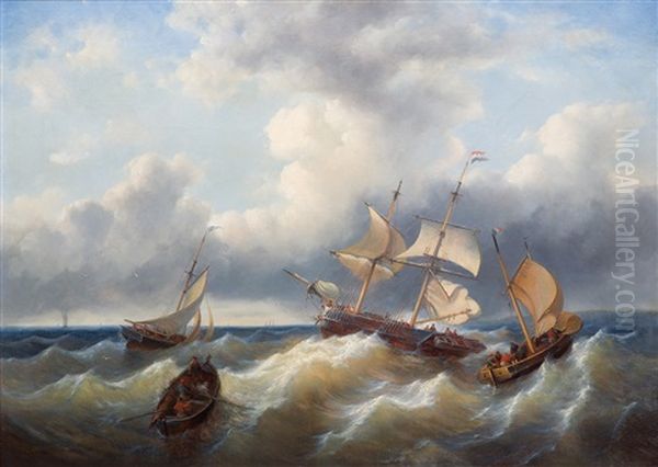 Ships In A Choppy Sea Oil Painting by George Willem Opdenhoff