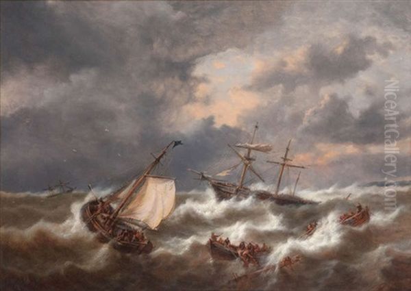 Marine Bij Stormweer, Een Woelige Zee Gestoffeerd Met Boten En Sloepen Oil Painting by George Willem Opdenhoff