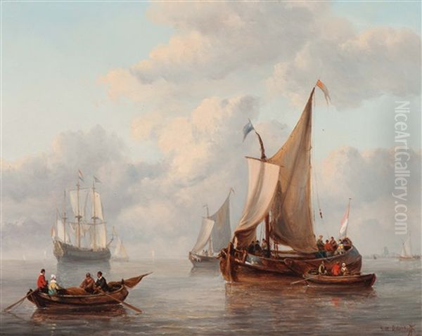 Dutch Sailboats And Ships On A Summer Afternoon Oil Painting by George Willem Opdenhoff