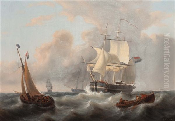 Dutch Ships On Choppy Waters Oil Painting by George Willem Opdenhoff