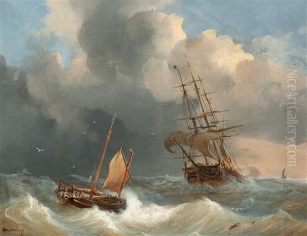 Sailboats On Choppy Waters Oil Painting by George Willem Opdenhoff