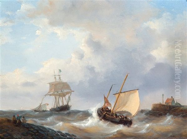 Schepen Op Woelig Water Bij Een Havenhoofd Oil Painting by George Willem Opdenhoff