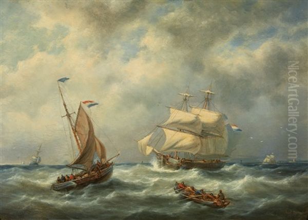 A Sailing Ship And Fishing Boats In Stormy Se Oil Painting by George Willem Opdenhoff