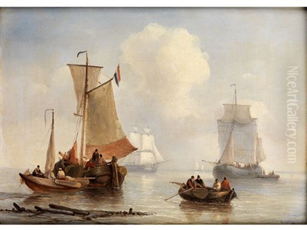 Untitled (segelschiffe Und Fischerboote Mit Segeln Im Flachwasser Eines Weiten Poldermeeres Unter Hellem Wolkenhimmel) Oil Painting by George Willem Opdenhoff