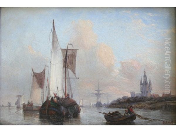 Barges And Other Vessels On A Dutch River Oil Painting by George Willem Opdenhoff