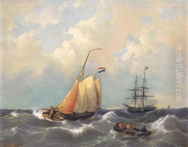 Dutch Ships In Choppy Seas Oil Painting by George Willem Opdenhoff