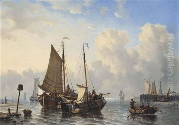 Unloading The Day's Catch Off The Coast Of The Low Countries Oil Painting by George Willem Opdenhoff