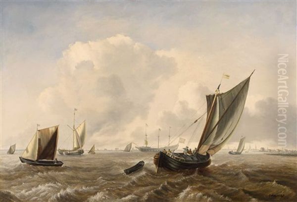 Ships In The Bay Of Rotterdam Oil Painting by George Willem Opdenhoff