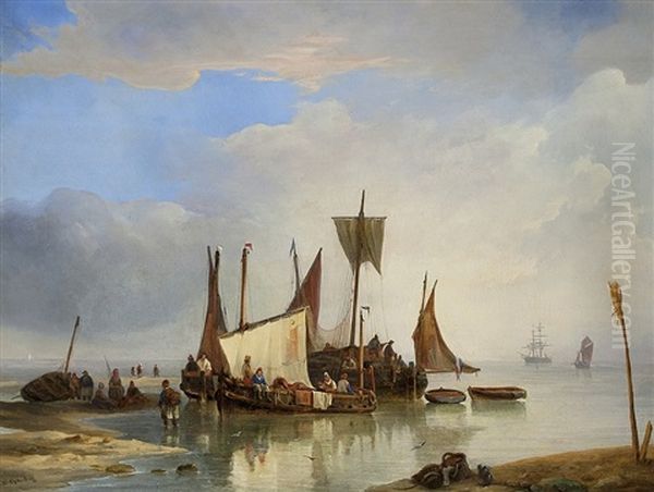 Fischer Bei Den Booten Oil Painting by George Willem Opdenhoff