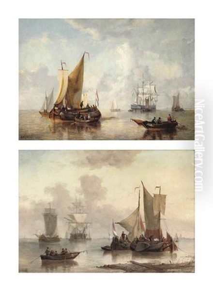 Sailing Off The Dutch Coast (pair) Oil Painting by George Willem Opdenhoff