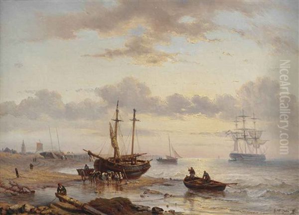 A Bomschuit And Horse Drawn Cart On The Beach Oil Painting by George Willem Opdenhoff