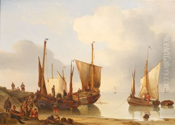 Les Bateaux Sur La Greve Oil Painting by George Willem Opdenhoff