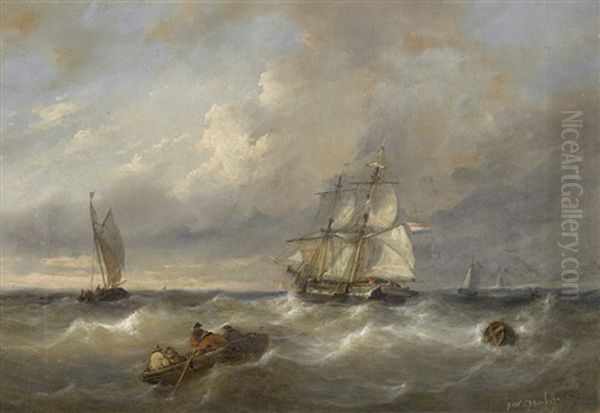 Segelschiffe Und Ruderboot Auf Rauer See Oil Painting by George Willem Opdenhoff