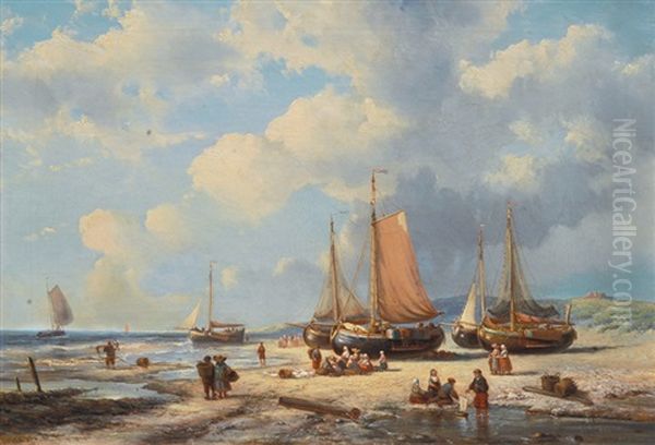 Fishing Boats On The Beach Oil Painting by George Willem Opdenhoff