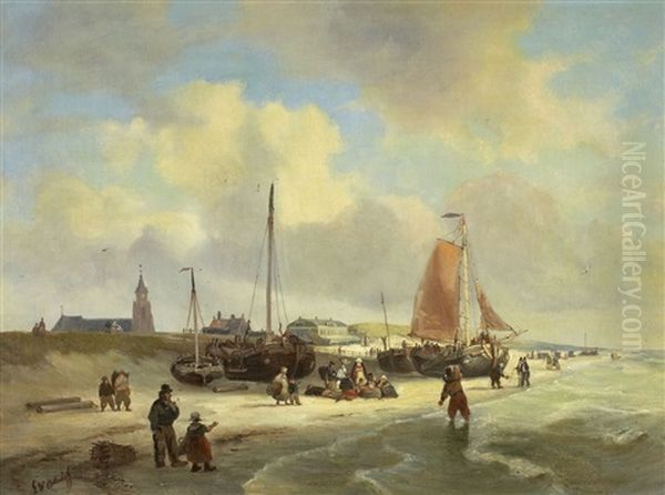 Segelboote Am Strand Oil Painting by George Willem Opdenhoff