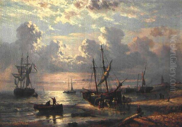 Anlandende Segelschiffe Vor Scheveningen Oil Painting by George Willem Opdenhoff