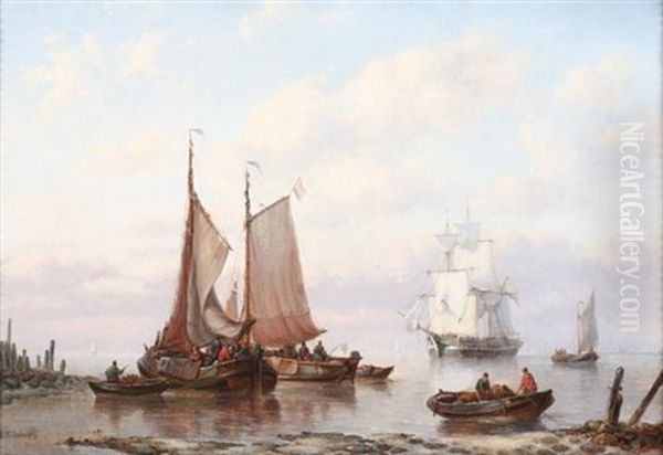 Ships At Shore With Seamen Oil Painting by George Willem Opdenhoff