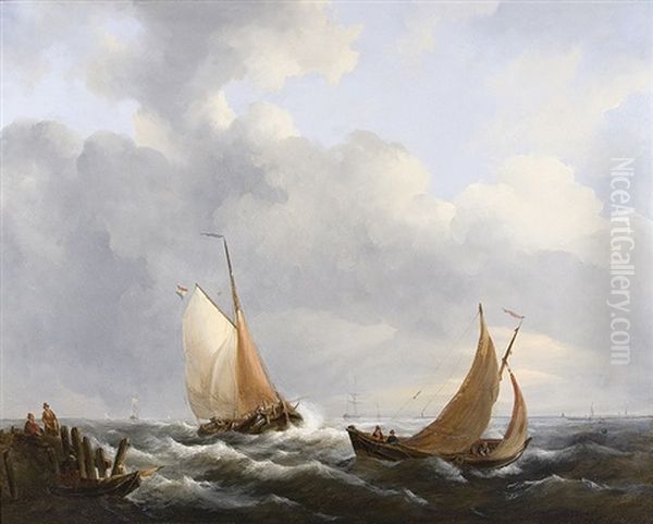 Sailing Ships At The Dutch Coast Oil Painting by George Willem Opdenhoff