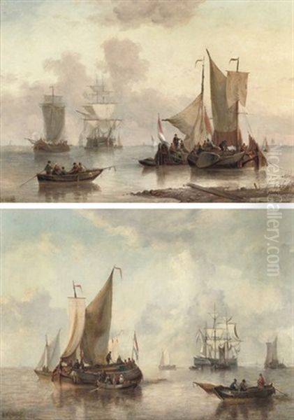 Sailing Off The Dutch Coast (+ Untitled; Pair) Oil Painting by George Willem Opdenhoff