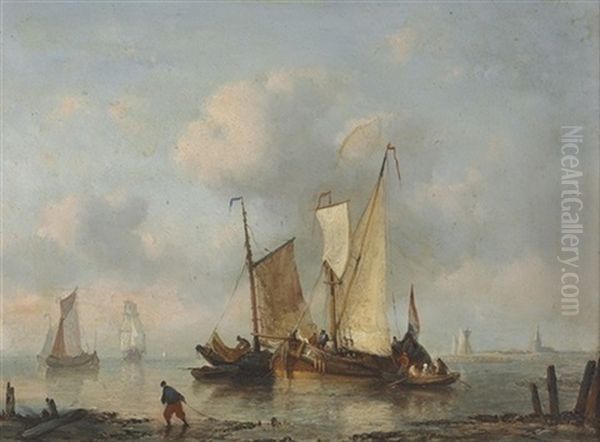 Segelschiffe An Der Niederlandischen Kuste Oil Painting by George Willem Opdenhoff