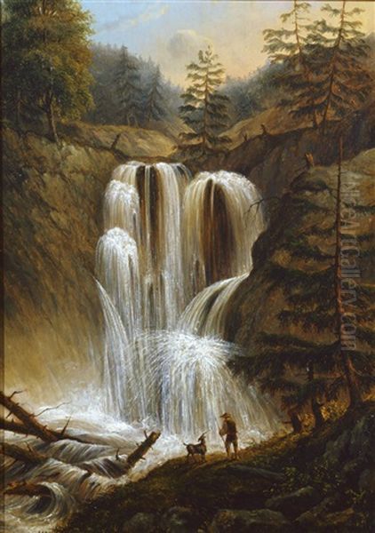 Gebirgslandschaft Mit Einem Ziegenhirten Vor Einem Wasserfall Oil Painting by George Willem Opdenhoff