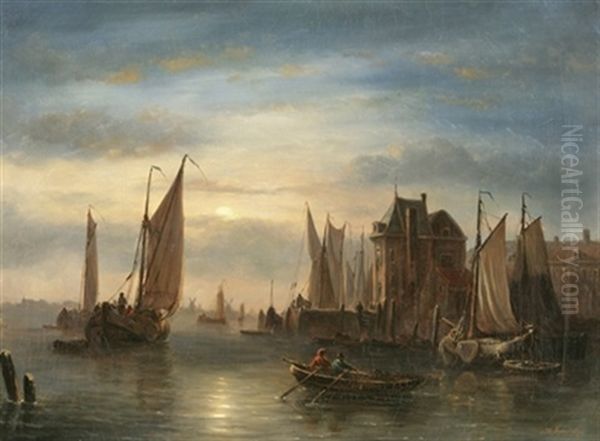 Vue Portuaire Au Clair De Lune Oil Painting by George Willem Opdenhoff