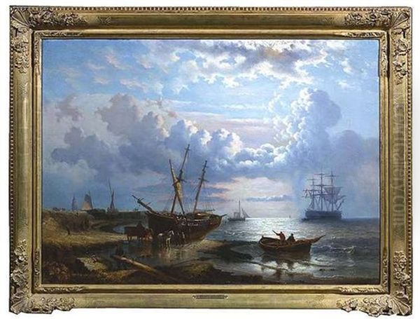 Kustenlandschaft Im Licht Der Fruhen Morgensonne Mit Auslaufenden Segelbooten Oil Painting by George Willem Opdenhoff