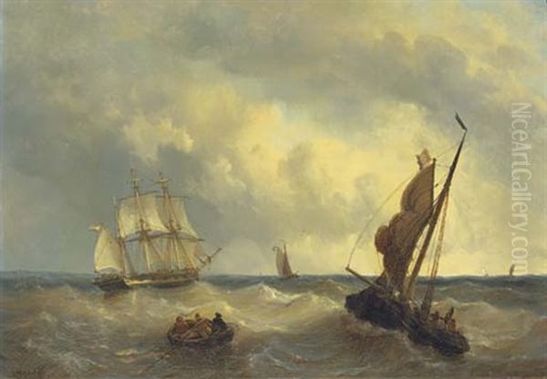 A Three-master And Other Sailing Vessels On Choppy Water Oil Painting by George Willem Opdenhoff