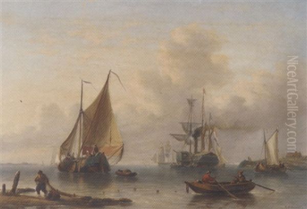 A Calm, A Busy Day Near A Coast Oil Painting by George Willem Opdenhoff