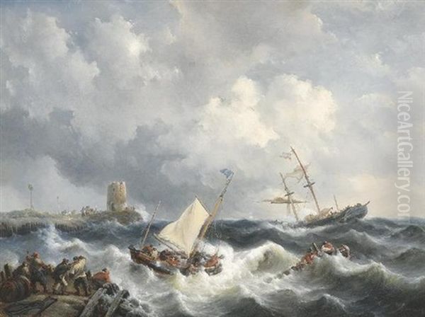 Schiffbruch Auf Sturmischer See Vor Der Kuste. Am Ufer Zahlreiche Personen Oil Painting by George Willem Opdenhoff