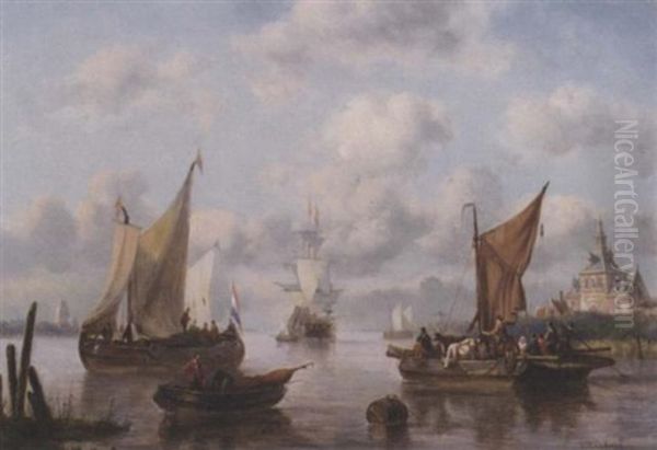 A Ferry Crossing The River Maas Near The Oude Hoofdpoort, Rotterdam Oil Painting by George Willem Opdenhoff