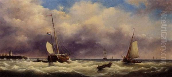 Ships In A Stormy Sea Oil Painting by George Willem Opdenhoff