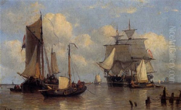 Boats In A Harbour Oil Painting by George Willem Opdenhoff