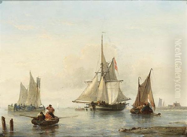 Sailing Vessels Near The Coast Oil Painting by George Willem Opdenhoff