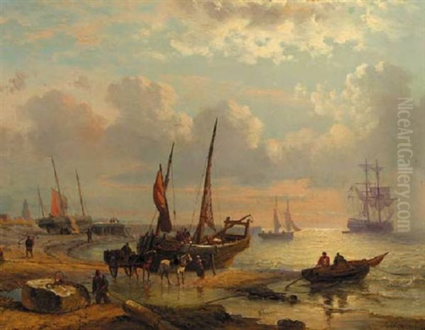 A Coastal Scene With Sailing Vessels And Fishermen At Work On A Beach Oil Painting by George Willem Opdenhoff