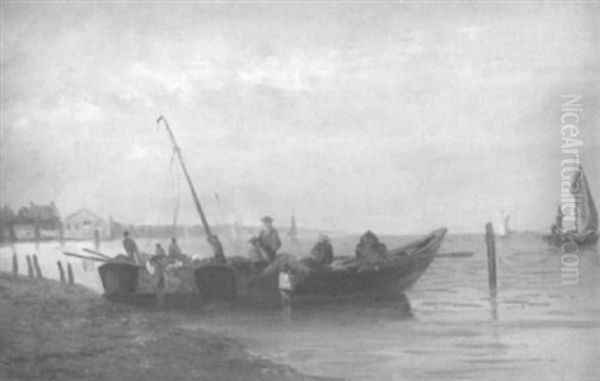 Kuste Mit Ankommenden Fischerbooten Oil Painting by George Willem Opdenhoff