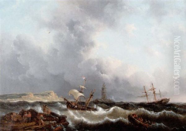 Stormigt Kustlandskap Med Fyr Och Skepp Oil Painting by George Willem Opdenhoff