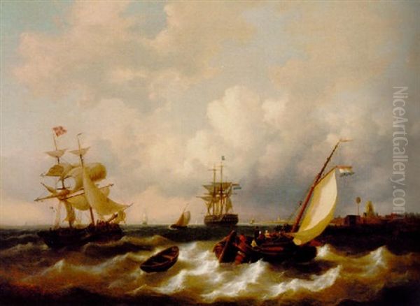 A Dutch Frigate Amidst Other Shipping Off The Coast Oil Painting by George Willem Opdenhoff