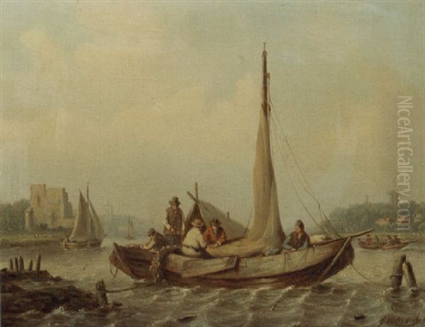 Sailors In Moored Barges On A River Estuary Oil Painting by George Willem Opdenhoff