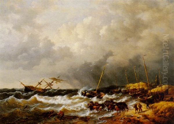 Coming To The Aid Of A Frigat In Distress Off The Scheveningen Coast Oil Painting by George Willem Opdenhoff