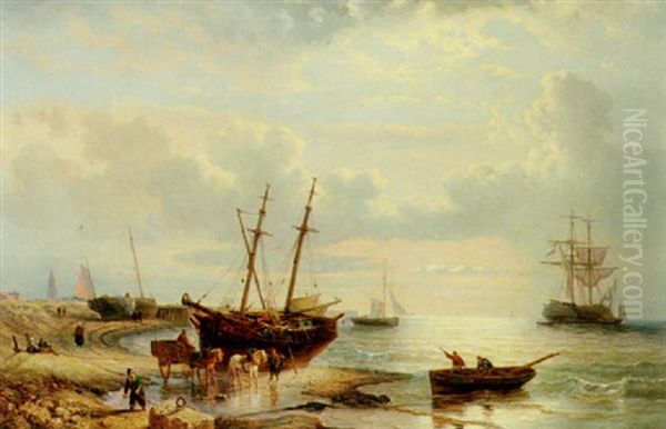 A Coastal Scene Oil Painting by George Willem Opdenhoff